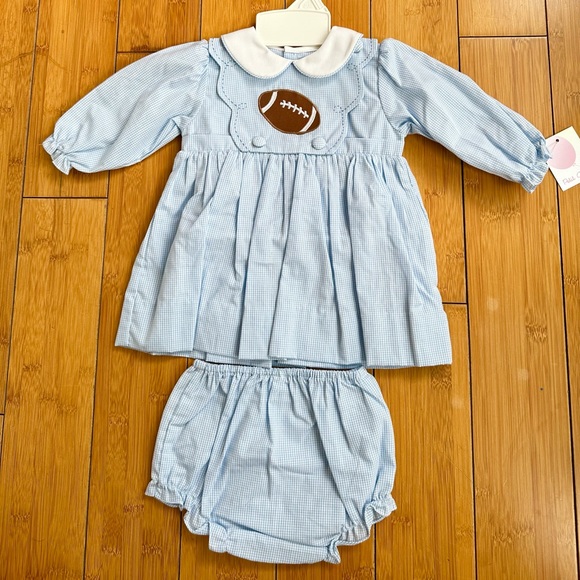 Petit Ami Football Applique Dress with Removeable Bib and Matching Bloomers NWT - Picture 2 of 5